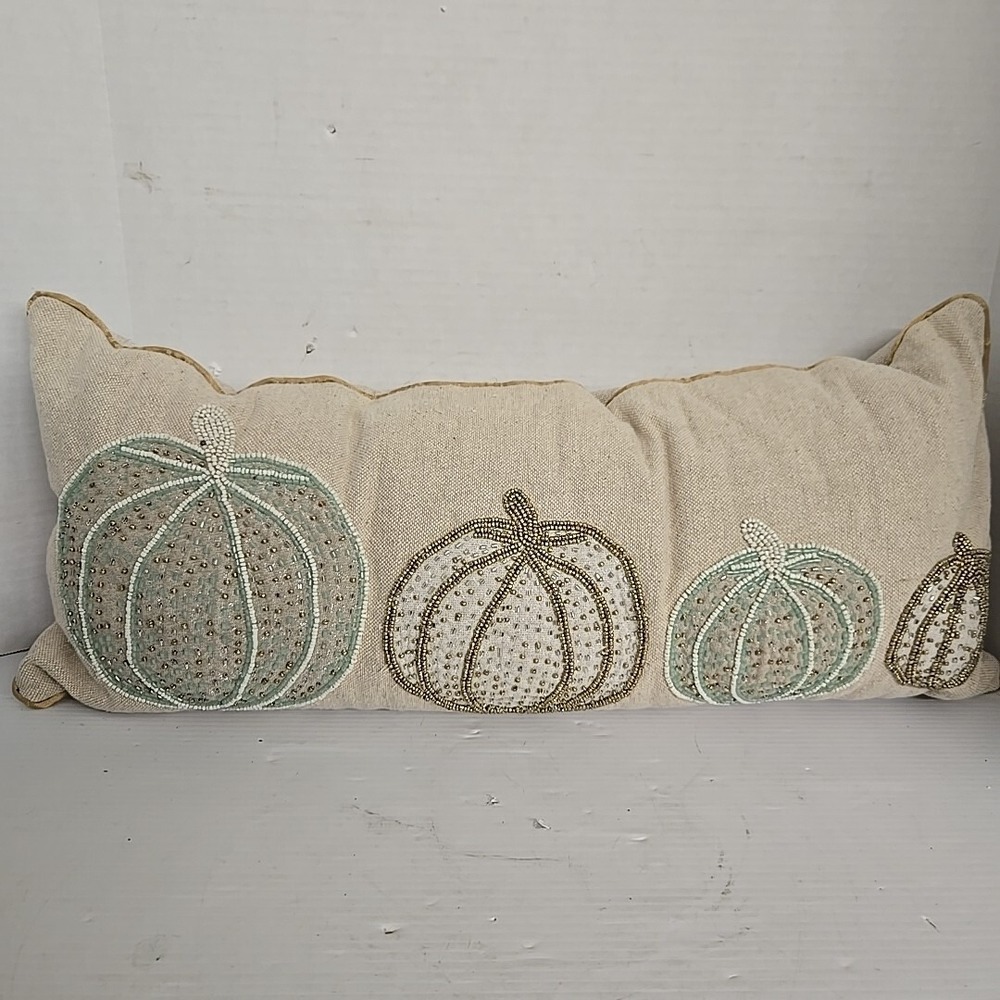 Rachel Ashwell Shabby Chic Rectangle 28"x12" Beaded Pumpkin Pillow Holiday Fall‎